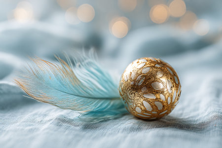 Golden Christmas ball and feather on a blue background with bokehの素材