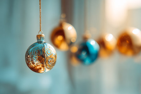 Christmas balls on a light background. New Year's mood. Selective focus.の素材