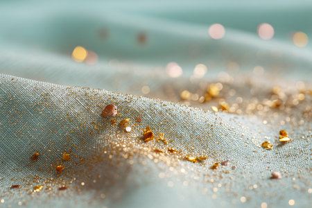 Closeup of golden sequins on turquoise fabric background.の素材