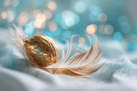 Golden Christmas ball with feathers on bokeh background, closeupの素材