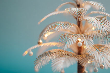 Christmas tree decorated with lights and snowflakes on blue background.の素材