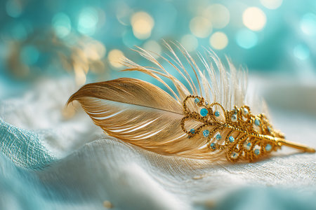 Beautiful golden brooch with feathers on a background of blue bokehの素材
