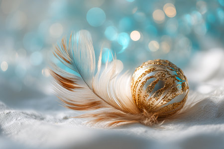 golden christmas ball and feather on blue bokeh backgroundの素材