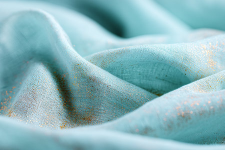 Texture, background, pattern. The fabric is pale turquoise with gold sequins.の素材