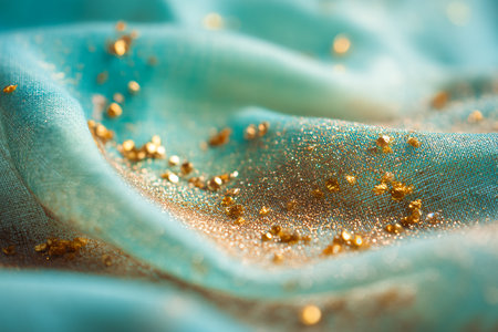 Texture, background, pattern. The fabric is blue with gold sequins. It has a brilliant shine and reflects the sunlight.の素材