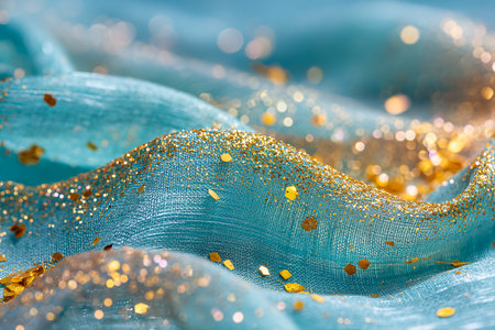 Luxury blue silk background with golden sequins. Close-up.の素材