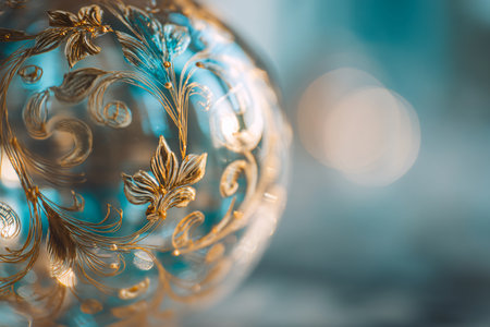 Close up of blue christmas ball with gold ornament on bokeh backgroundの素材