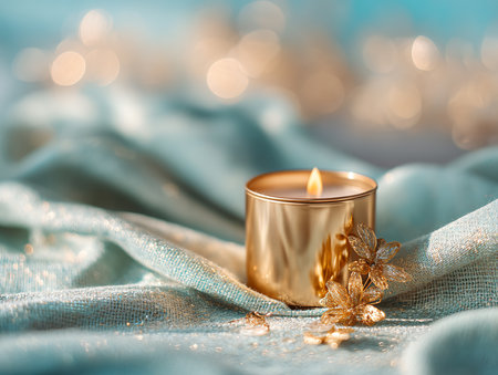 Christmas candle with golden snowflakes and bokeh on blue backgroundの素材