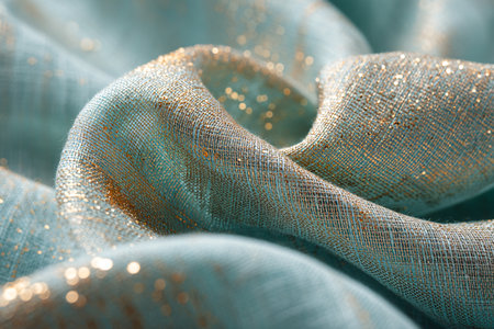 Texture, background, pattern. The fabric is transparent emerald green with gold sequinsの素材