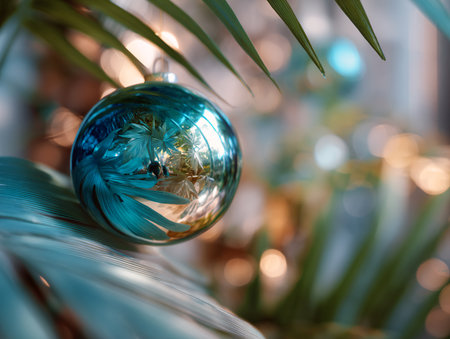 Christmas tree decoration with blue ball and bokeh lights in the backgroundの素材