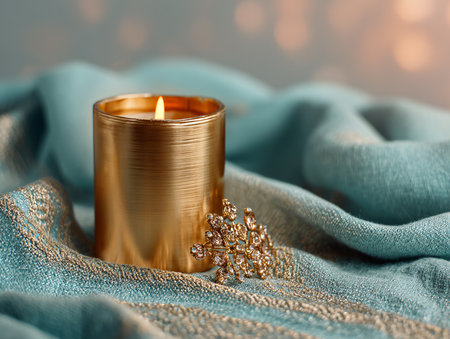 Wedding ring and candle on blue cloth, close-upの素材