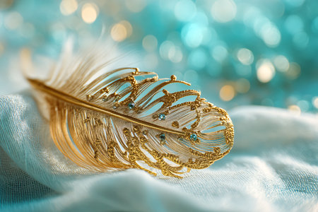 golden feather on bokeh background, closeup of photoの素材