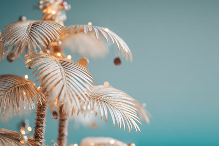 Christmas and New Year background with golden palm tree on blue background.の素材