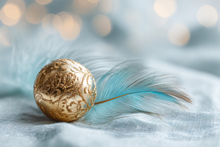 golden christmas ball and blue feather with bokeh backgroundの素材