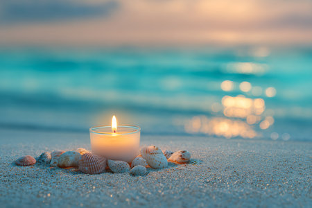 Burning candle on the sand with seashells and sea backgroundの素材