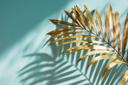 Tropical palm leaf on turquoise background. Minimal summer concept.の素材