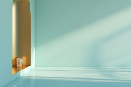 Interior of modern bright room with blue walls, concrete floor, golden flowerpot and sunlight from window. 3d renderingの素材