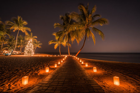 Palm trees on the beach at night with lighted candles.の素材