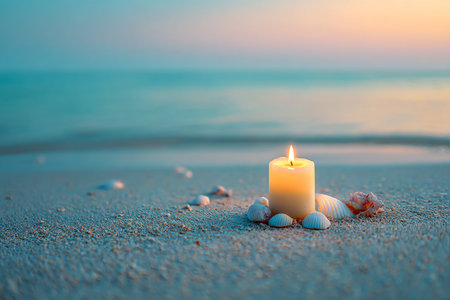 Candle on the beach with seashells and starfish.の素材