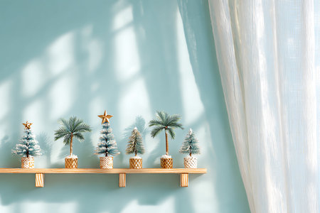 Christmas tree on wooden shelf with white curtains and blue wall background.の素材