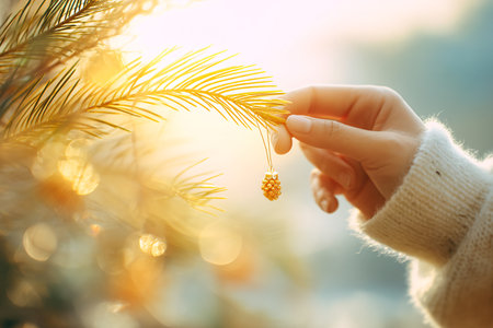 Female hand holding golden christmas tree branch on blurred background. Christmas and New Year concept.の素材