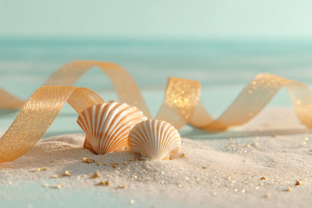 Sea shells and ribbon on sand, closeup. Summer vacation conceptの素材