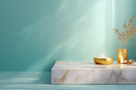 Minimalist interior design with marble podium, candle and dried flowers. 3d renderの素材