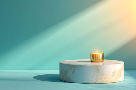 3d rendering of white marble podium with burning candle on blue backgroundの素材