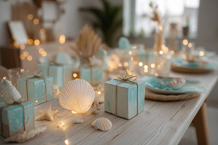 Decorated table with blue gift boxes and seashells at homeの素材