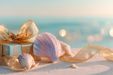 Holiday background with seashells and gift box on the beachの素材