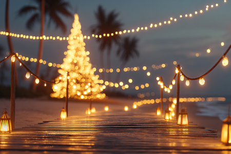 Christmas tree on the beach with lanterns at sunset. Holiday conceptの素材