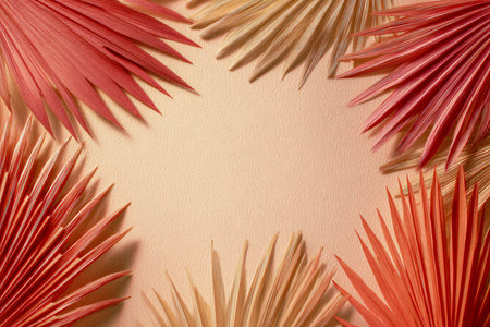 Tropical palm leaves on beige background with copy space.の素材