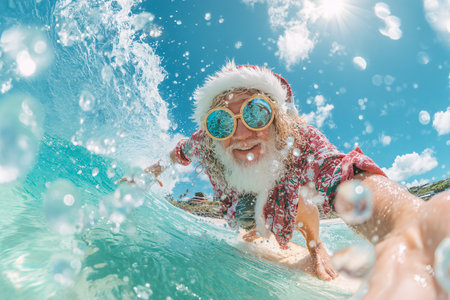 Santa Claus having fun in the sea. Happy New Year and Merry Christmas!の素材