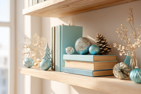 Wooden bookshelf with christmas decorations in room, closeupの素材