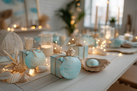 Wedding table decoration in blue with candles and seashells.の素材