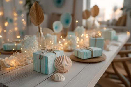 Decorated table with gift boxes and seashells at homeの素材