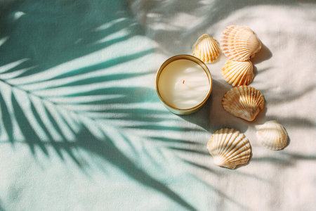 Spa still life with candles, seashells and palm leaves on white backgroundの素材