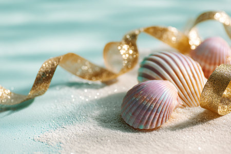 Sea shells on sand with golden ribbon and bokeh background. Summer conceptの素材