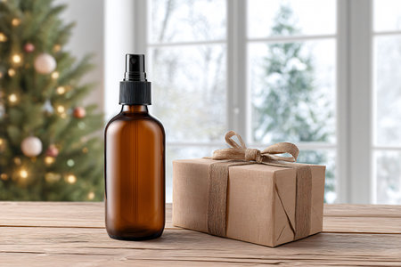 Mockup of brown glass dropper bottle with gift box and christmas tree on backgroundの素材