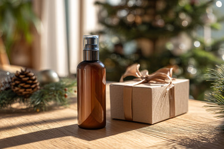 Christmas essential oil in a brown glass bottle with a gift box on a wooden table.の素材