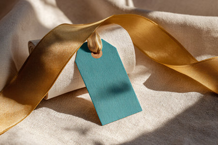 Blank blue price tag with golden ribbon on beige fabric backgroundの素材