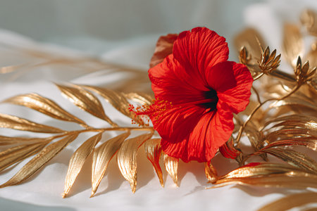 Red hibiscus flower and golden leaf on white background.の素材