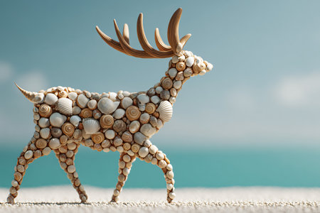 Christmas deer made of seashells on the white sand beach.の素材