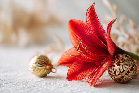Red amaryllis and golden Christmas ball on a light backgroundの素材
