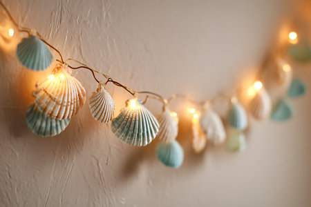 Decorative Christmas lights hanging on white wall, closeup. Space for textの素材