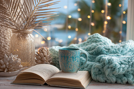 Cup of coffee, book, knitted plaid and Christmas decorations on wooden tableの素材