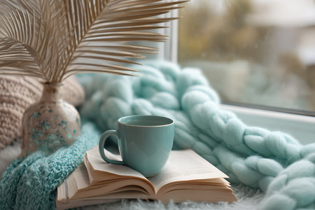 Cup of coffee, book and knitted plaid on windowsillの素材