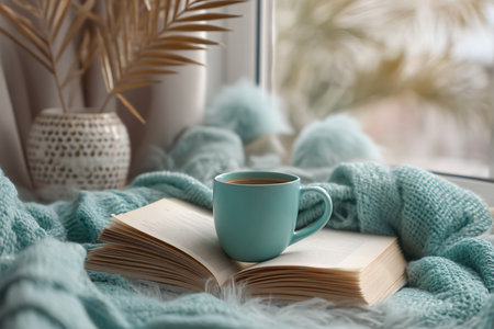 Cup of coffee and book on windowsill with warm knitted plaidの素材