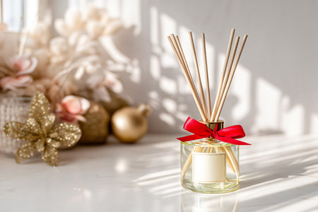 Aromatic reed air freshener in glass bottle on white background.の素材