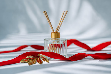 Bottle of perfume with red ribbons and golden flower on white backgroundの素材